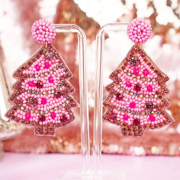 Pink Rhinestone & Seed Beaded Christmas Tree Holiday Festive Earrings - Picture 1 of 2